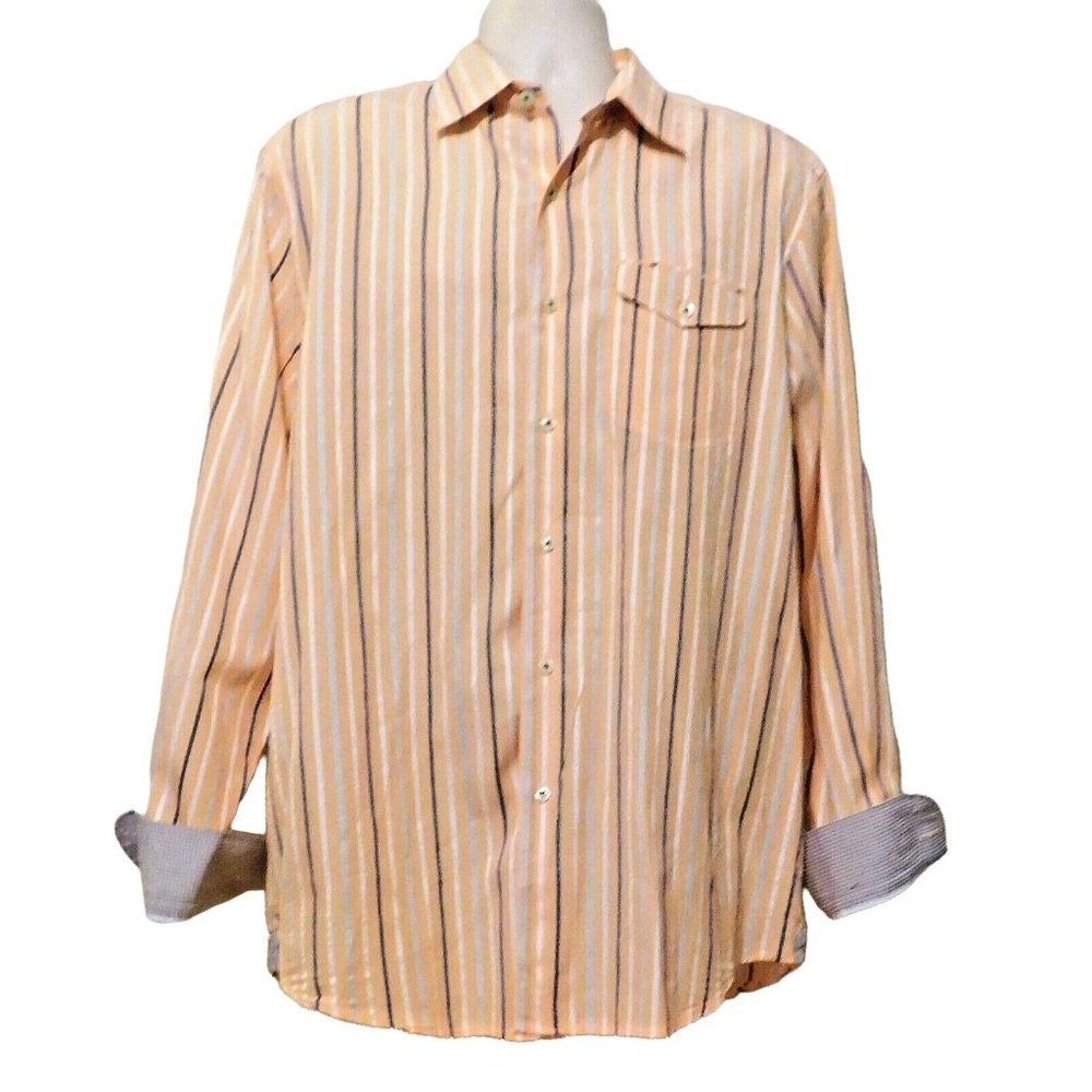 Tommy Bahama Shirt L Orange Blue White Stripes Long Sleeve Flip Cuff 100% Cotton